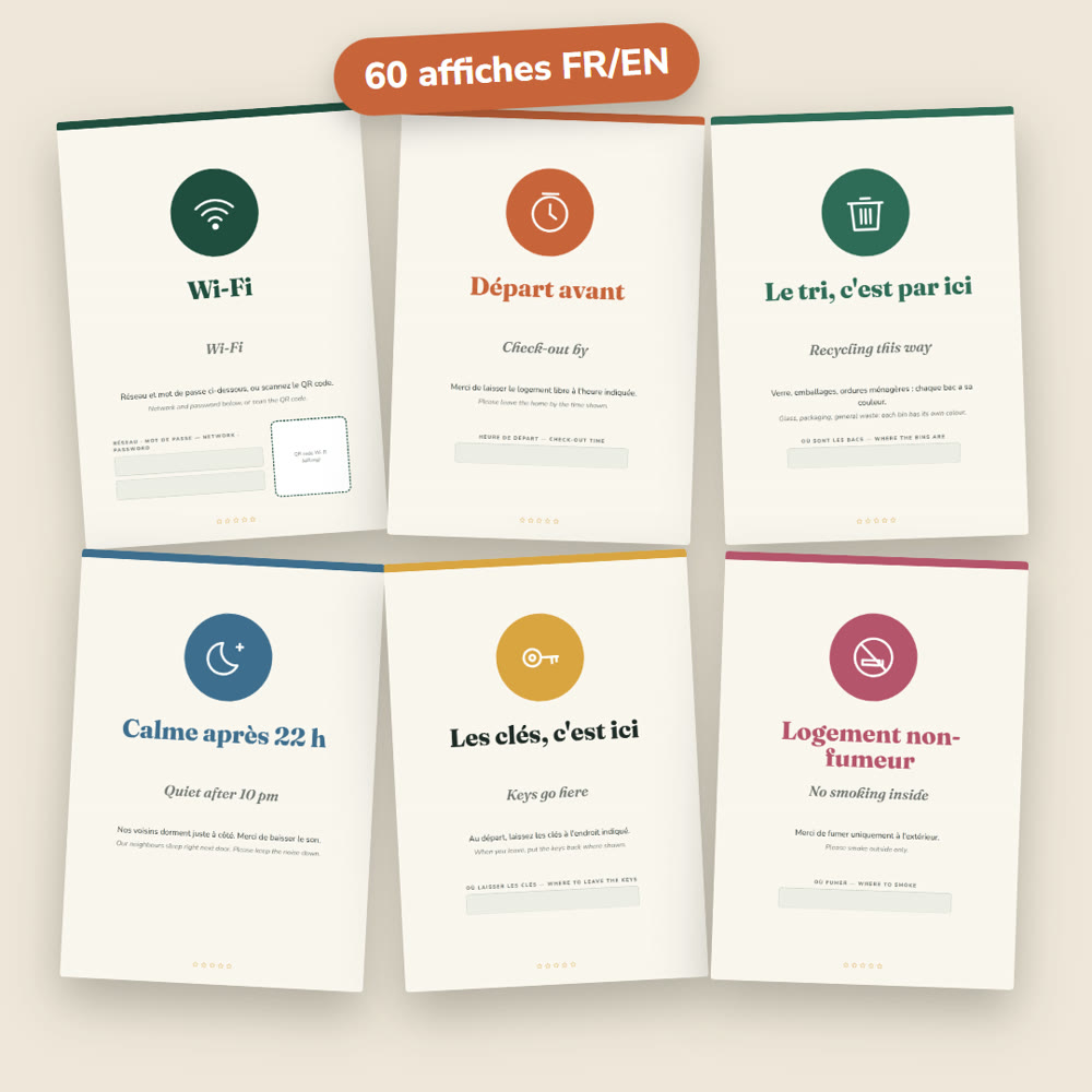 Affiches bilingues : Wi-Fi, Départ, Tri, Calme, Clés, Non-fumeur
