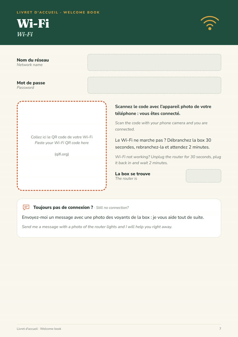 Page Wi-Fi du livret : réseau, mot de passe et QR code