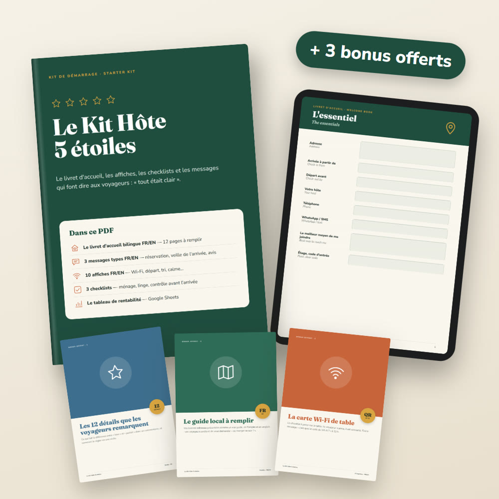 Le Kit Hôte 5 étoiles : le kit de démarrage, une tablette avec le livret d’accueil et les 3 bonus